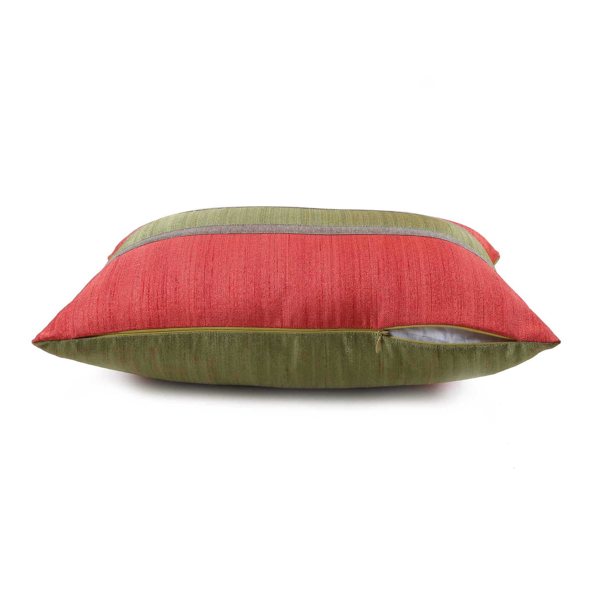 Dual-Sided Red and Green Textured Cushion Cover, Red & Green Self-Textured Cushion with Gold Shimmer Highlights, Hidden Closure, Stylish Decorative Covers (12"x18")