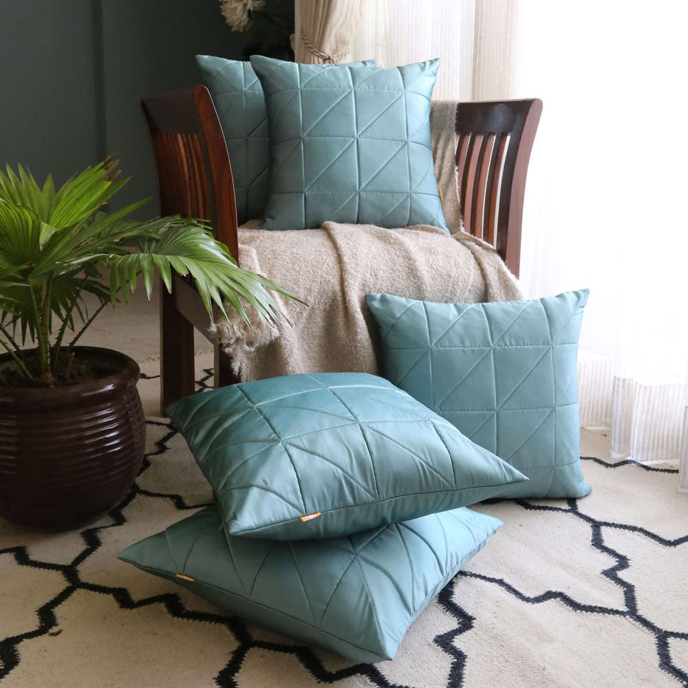 Turquoise Quilted Cushion Cover, Turquoise Fine Quilted Cushion with Shimmer Gold Piping at Sides, Hidden Closure, Luxurious Throw Pillows (16"x16")