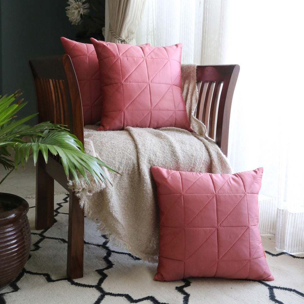 Peach Quilted Cushion Cover, Peach Asymmetrical Quilted Cushion with Shimmer Gold Piping at Sides, Hidden Closure, Luxury Home Cushions (16"x16")