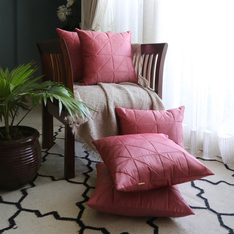 Peach Quilted Cushion Cover, Peach Asymmetrical Quilted Cushion with Shimmer Gold Piping at Sides, Hidden Closure, Stylish Throw Pillows (16"x16")