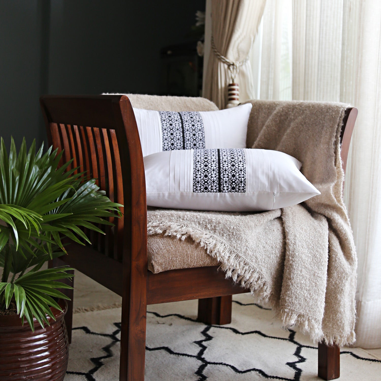 White Pleated Cushion Cover, White Pleated Cushion with Contrast Monochrome Print, Concealed Zipper, Modern Throw Pillow (12"x18")