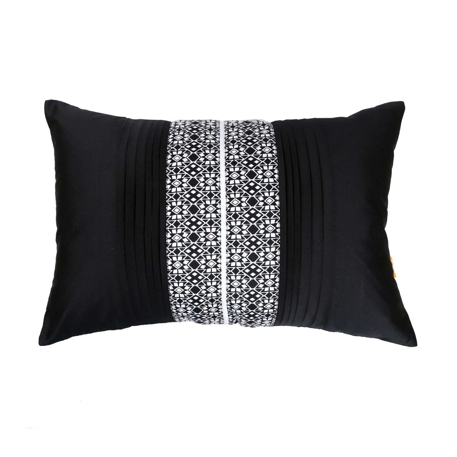 Black Pleated Cushion Cover, Black Pleated Cushion with Contrast Monochrome Print, Hidden Closure, Elegant Decorative Pillow (16"x16")