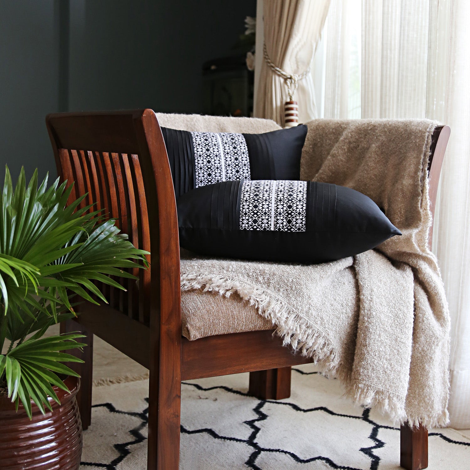 Black Pleated Cushion Cover, Black Pleated Cushion with Contrast Monochrome Print, Concealed Zipper, Modern Throw Pillow (12"x18")