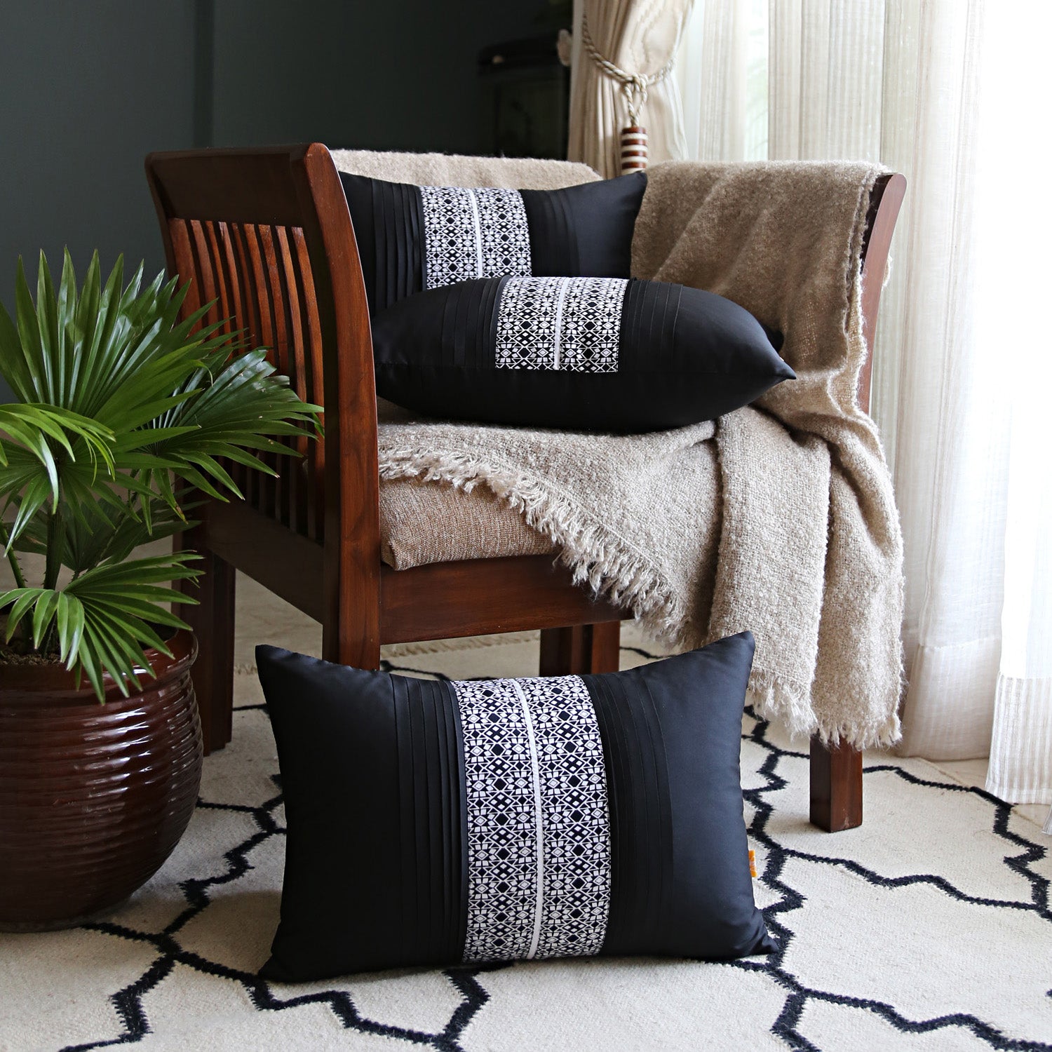 Black Pleated Cushion Cover, Black Pleated Cushion with Contrast Monochrome Print, Hidden Closure, Elegant Decorative Pillow (16"x16")