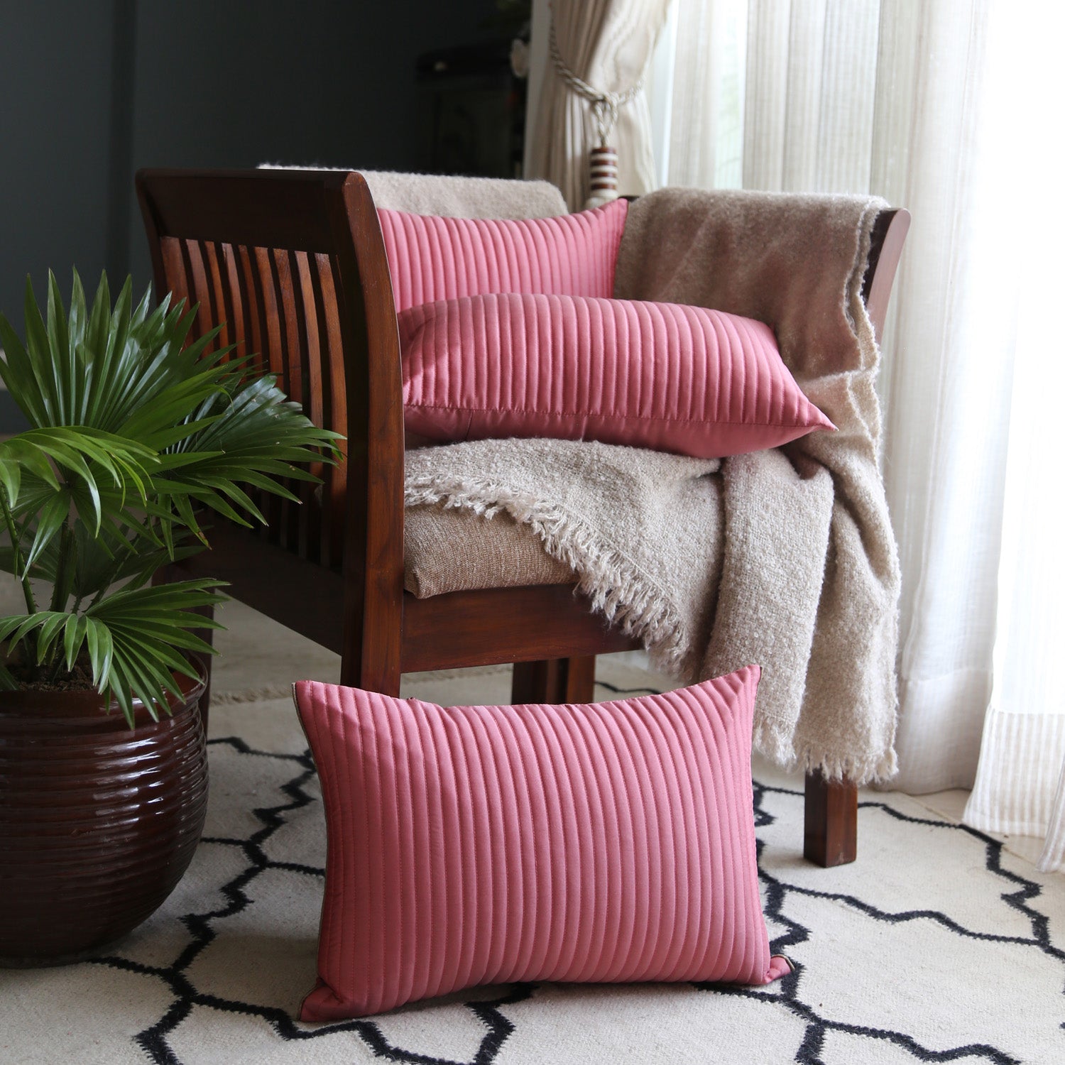 Peach Quilted Cushion Cover, Peach Fine Quilted Cushion with Shimmer Gold Piping, Concealed Zipper, Elegant Decorative Pillow (16"x16")