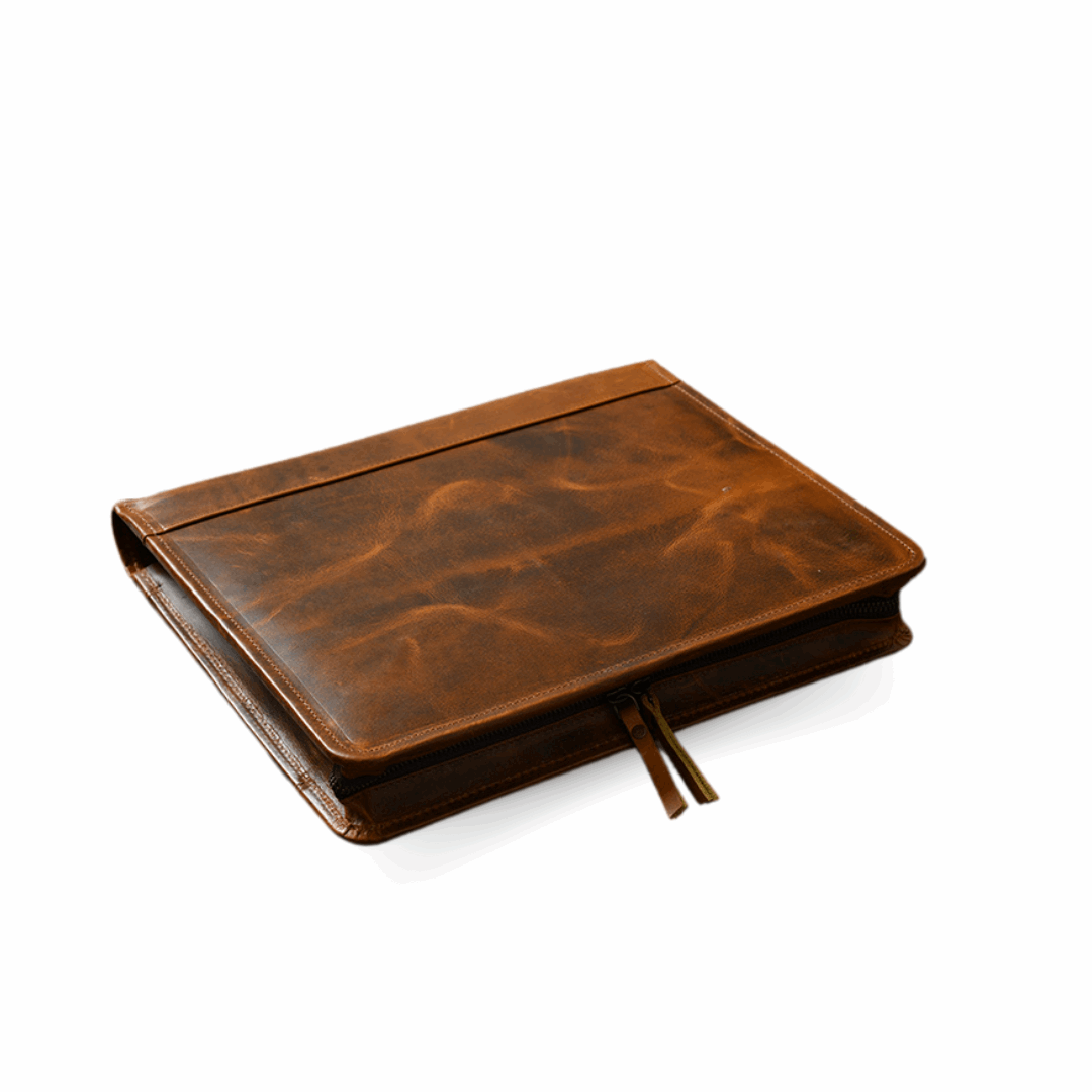 Cognac top grain leather padfolio organiser. This stylish padfolio features a large inside pocket, perfect for an iMac, Macbook, or tablet.