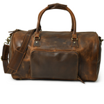 Stylish brown leather weekender duffel bag with multiple pockets, perfect for short trips.