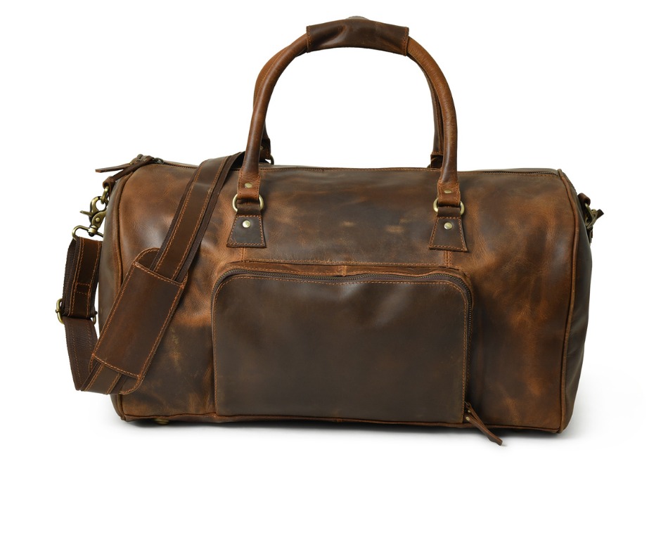 Stylish brown leather weekender duffel bag with multiple pockets, perfect for short trips.