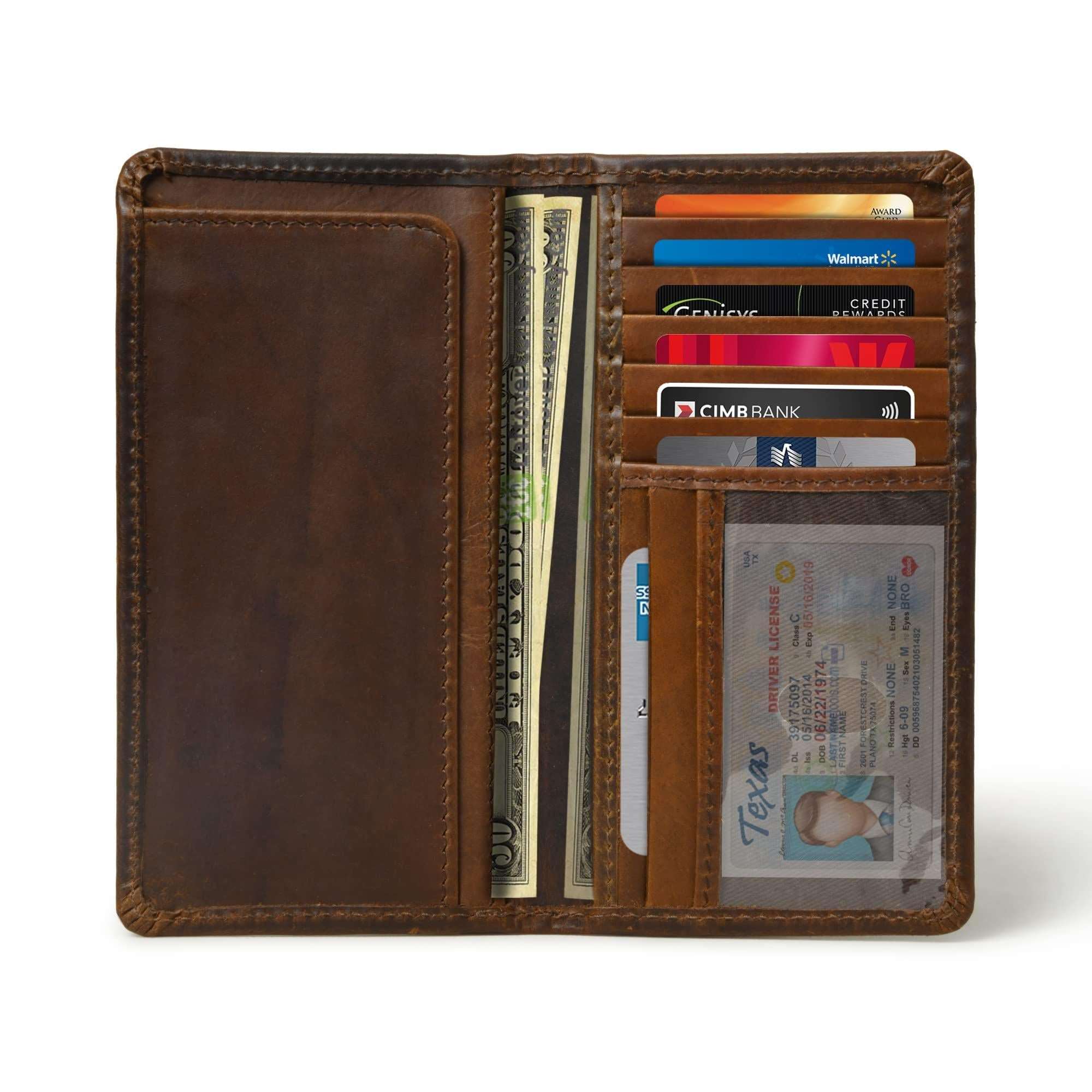 Brown leather bifold wallet open and filled with cash, credit cards, and a driver's license, showcasing its ample storage.