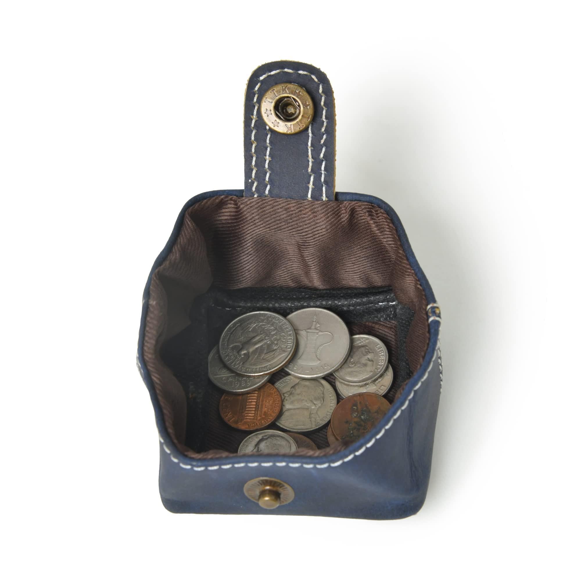 Open blue leather mini pocket wallet with coins inside. Handcrafted with top grain leather for men & women.