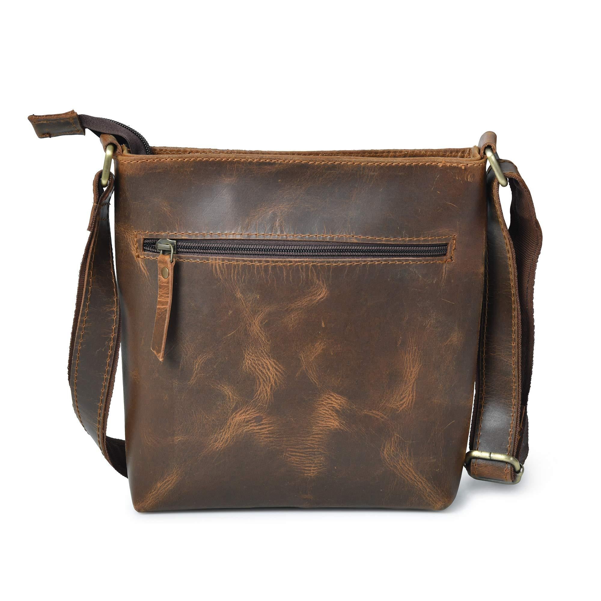 Stylish brown leather crossbody handbag for women, featuring a front zippered pocket.