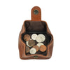 Open cognac leather coin purse with snap closure, showcasing its premium quality and ample space for coins.