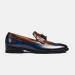 Stylish dual tone brown and blue leather loafers with tassel detail.