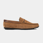 Tan suede leather driving loafers with a braided strap accent.