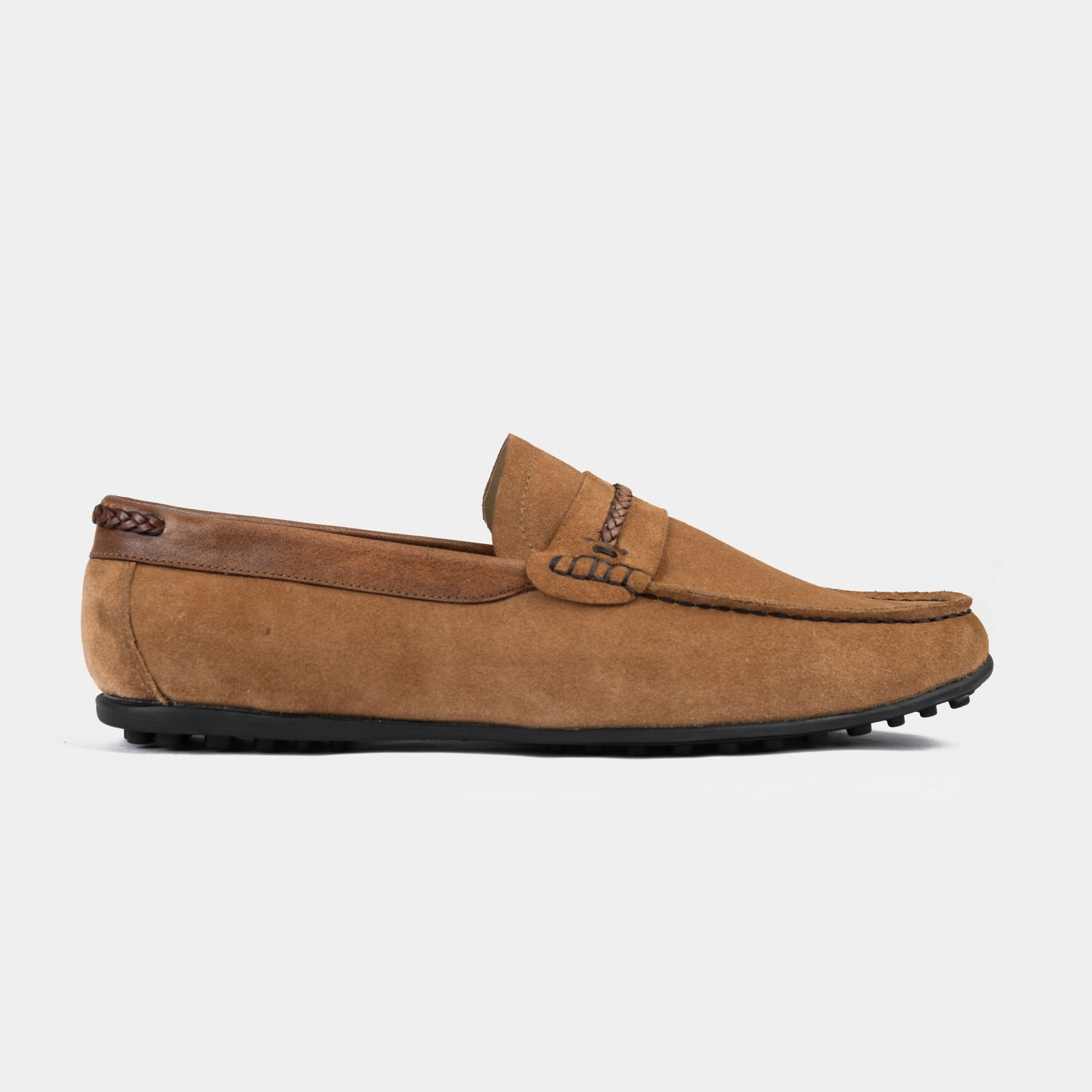 Tan suede leather driving loafers with a braided strap accent.