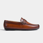 Side view of Denver Tan Leather Driving Loafers with a woven leather strap detail.