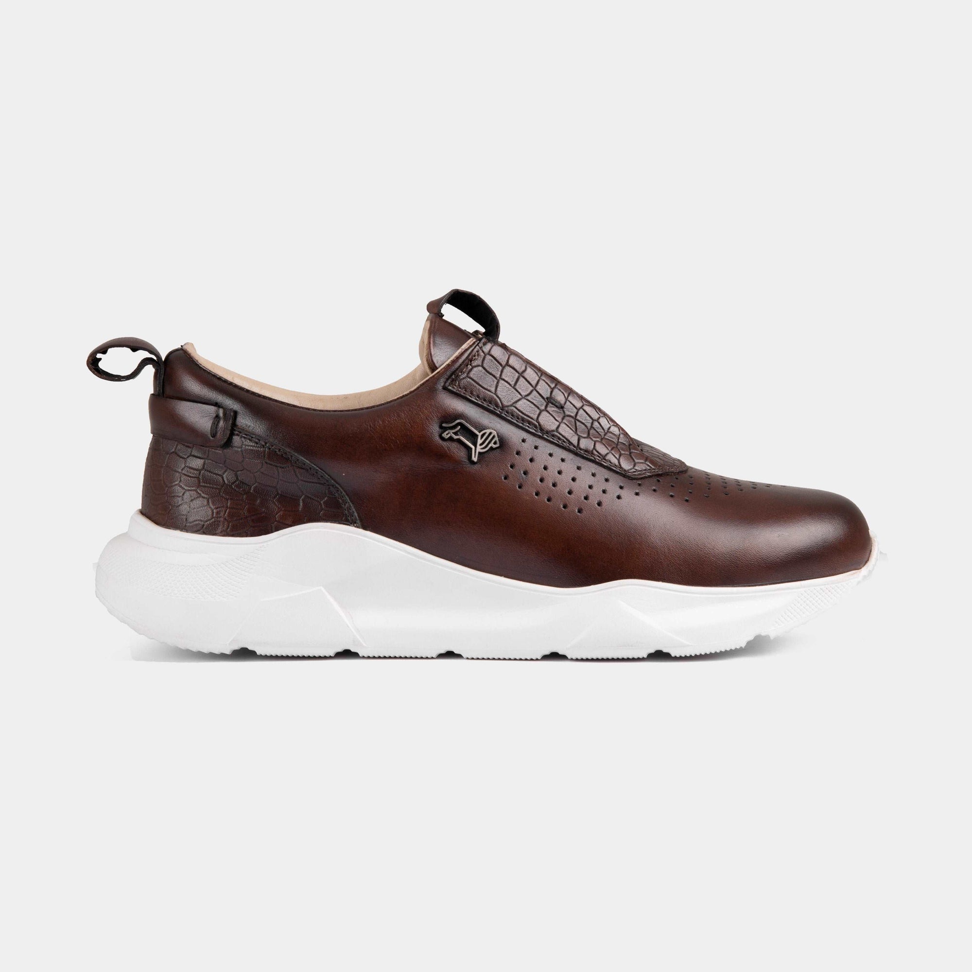 Pair of Arine brown leather men's sneakers with a white sole and crocodile-embossed accents.