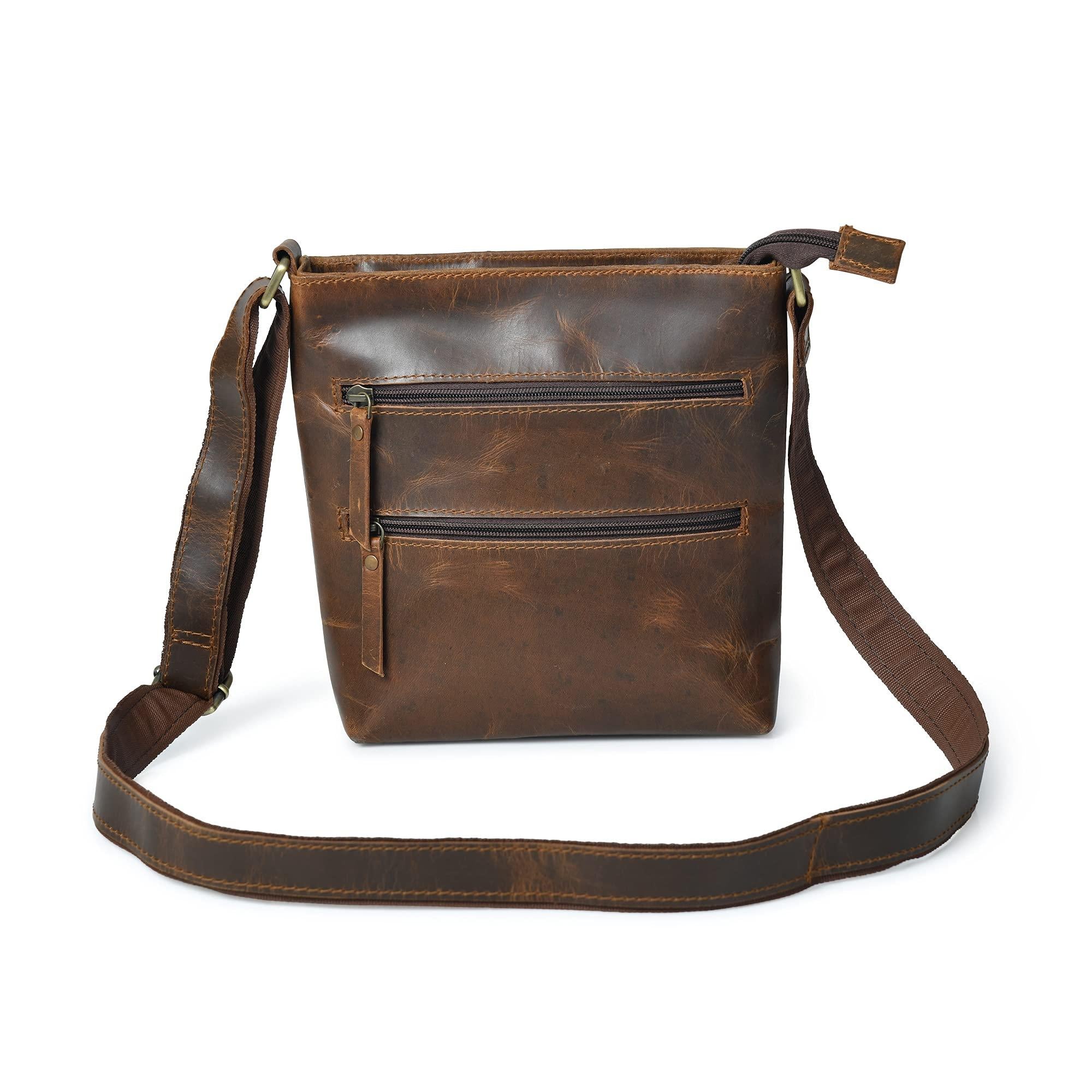 Stylish brown leather crossbody handbag with multiple zippered compartments and adjustable strap.