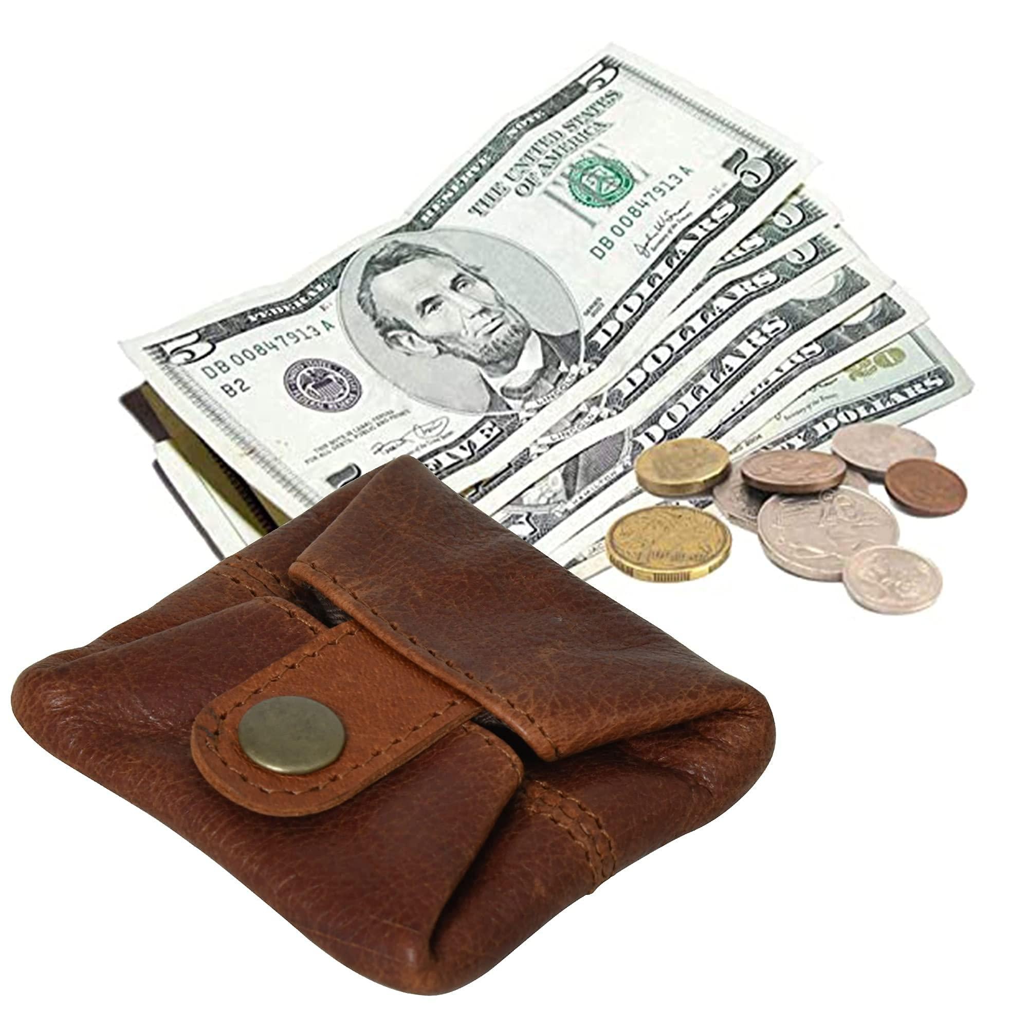 Stylish cognac leather coin purse with snap closure, shown holding cash and coins.