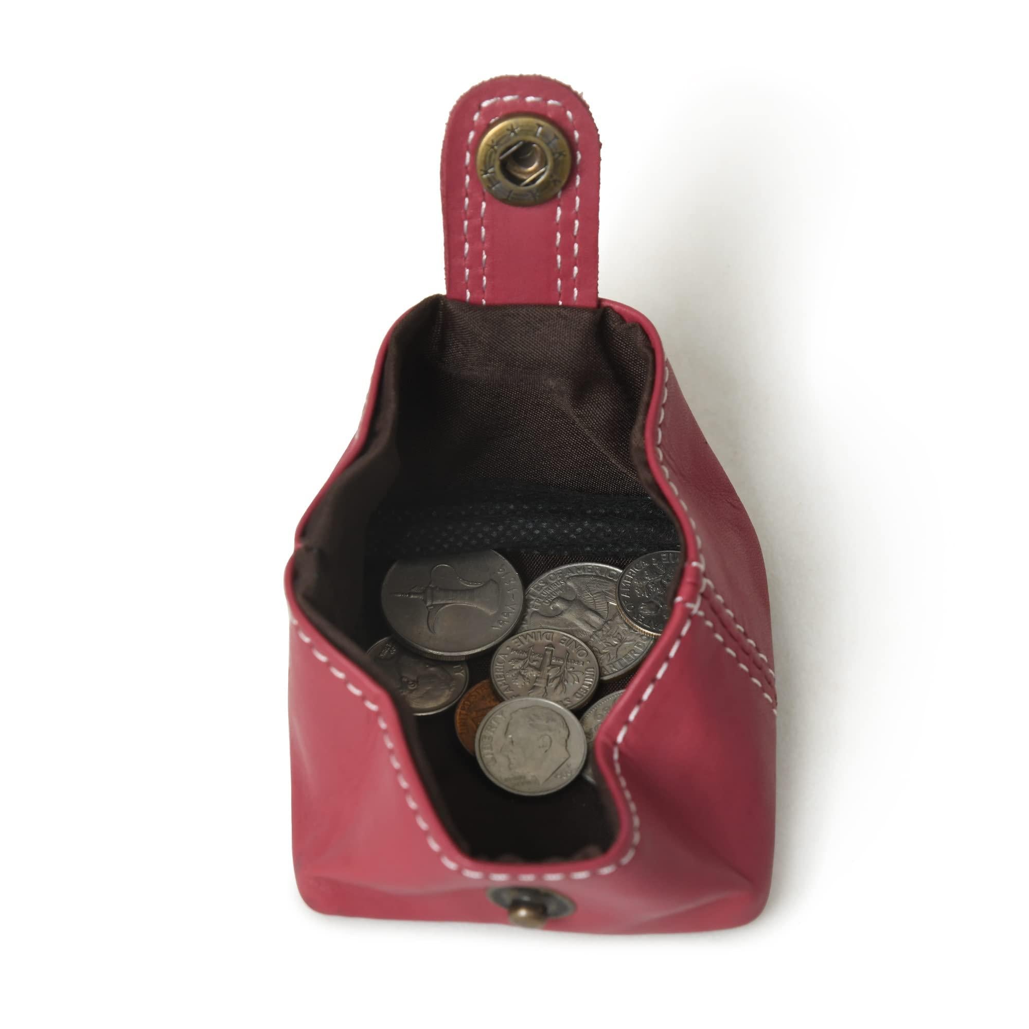 Open mulberry leather coin purse with coins inside. Stylish leather pouch for men and women.