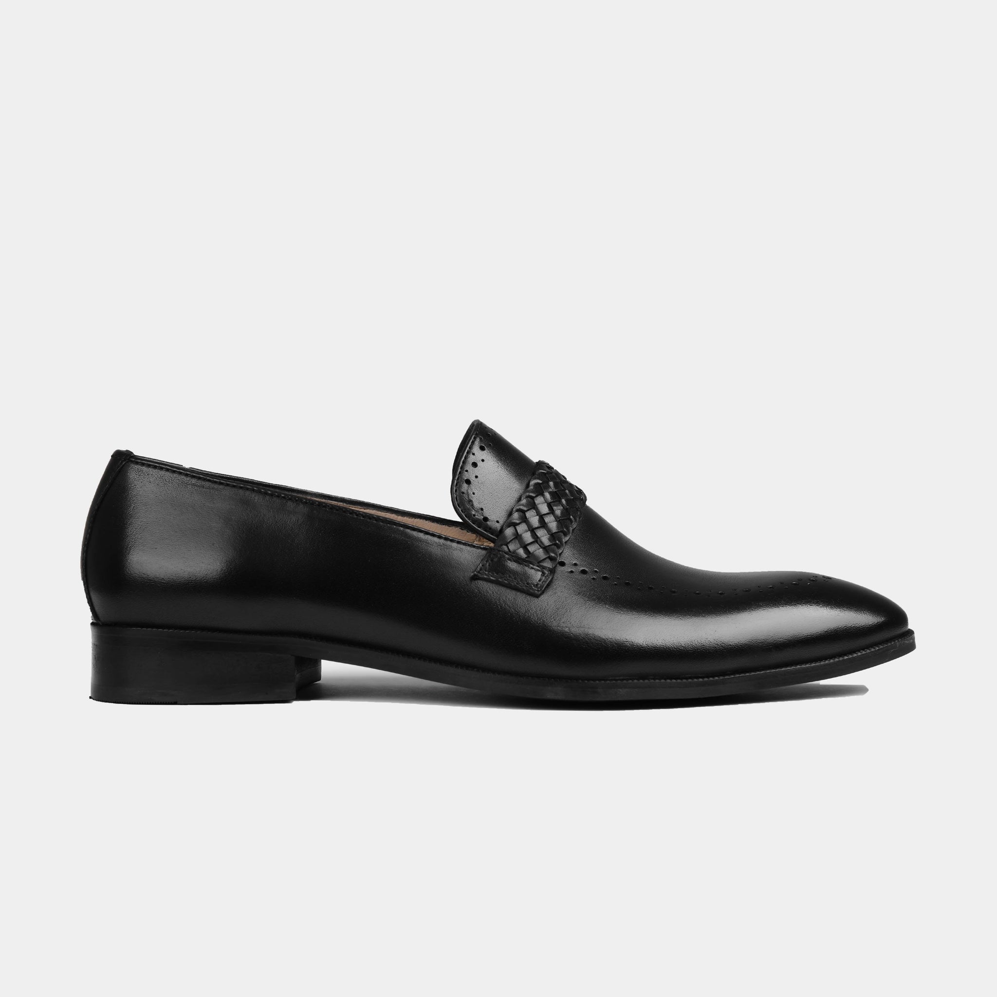 Alford Black Leather Loafers with a side profile view showcasing the woven leather strap and brogue detailing.