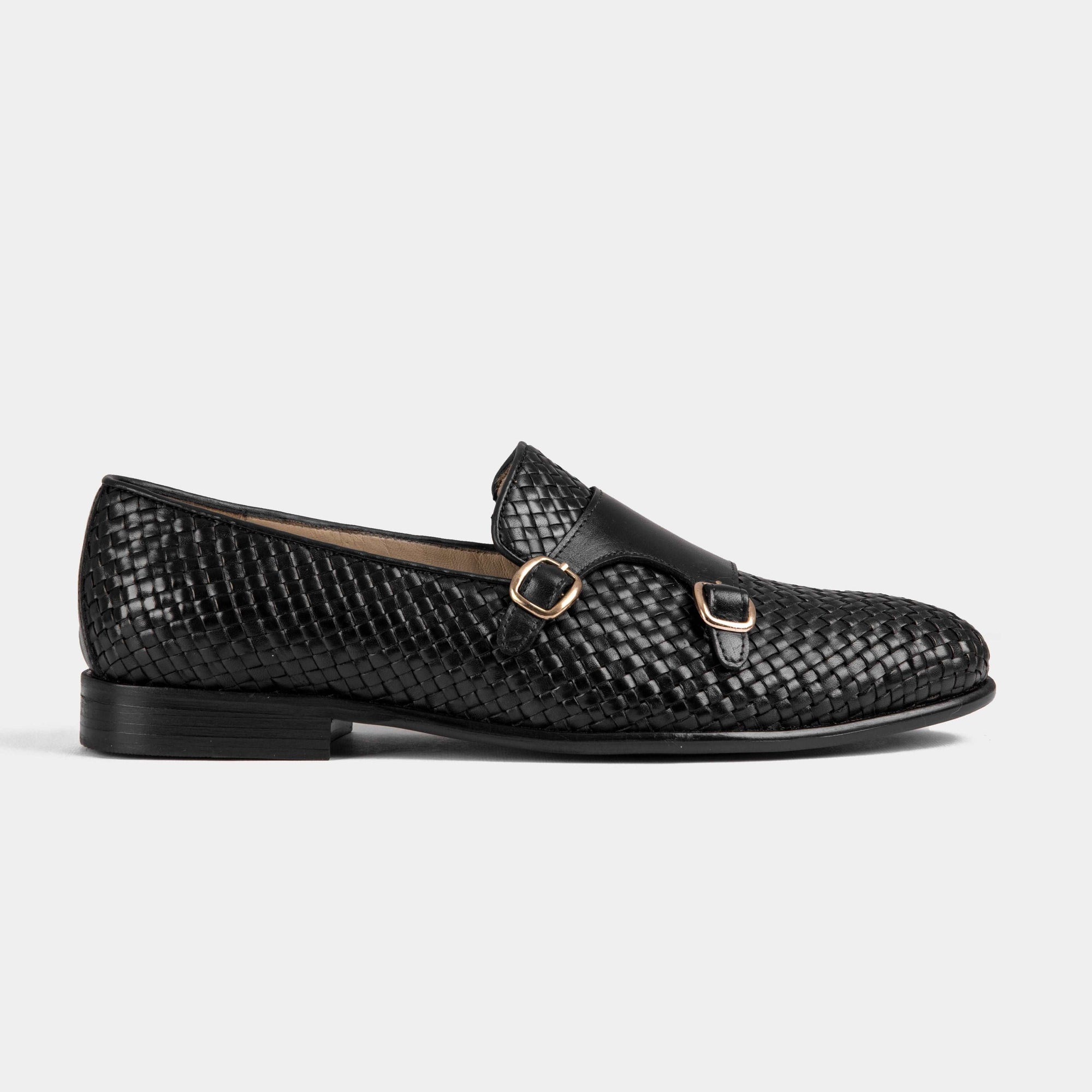 Ciro Weaved black leather monk strap shoes with a woven design and gold buckles.