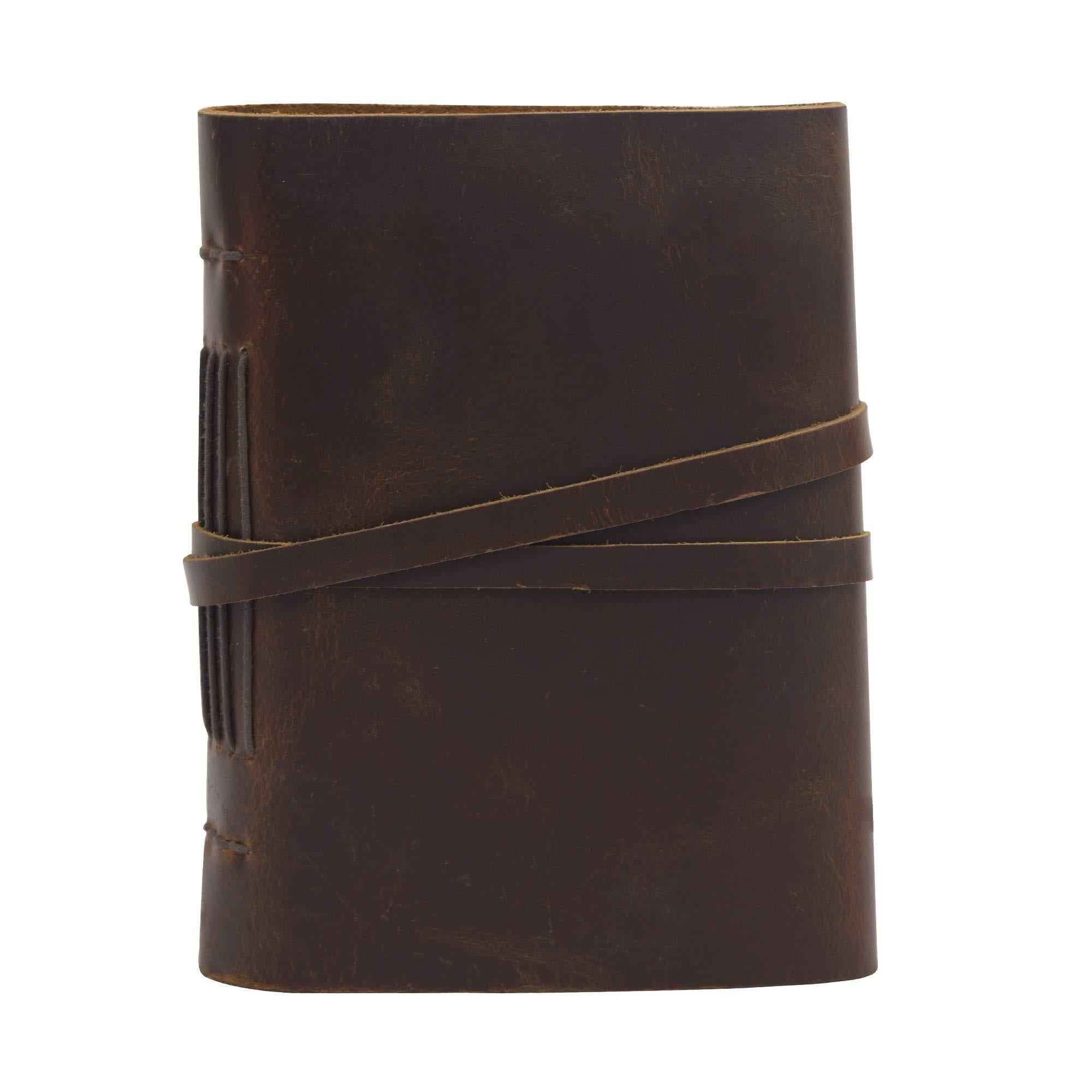 Rustic brown leather journal with a leather strap closure and visible stitching, featuring deckle edge paper.