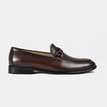 Armante brown leather loafers with a red, white, and blue strap detail across the vamp.