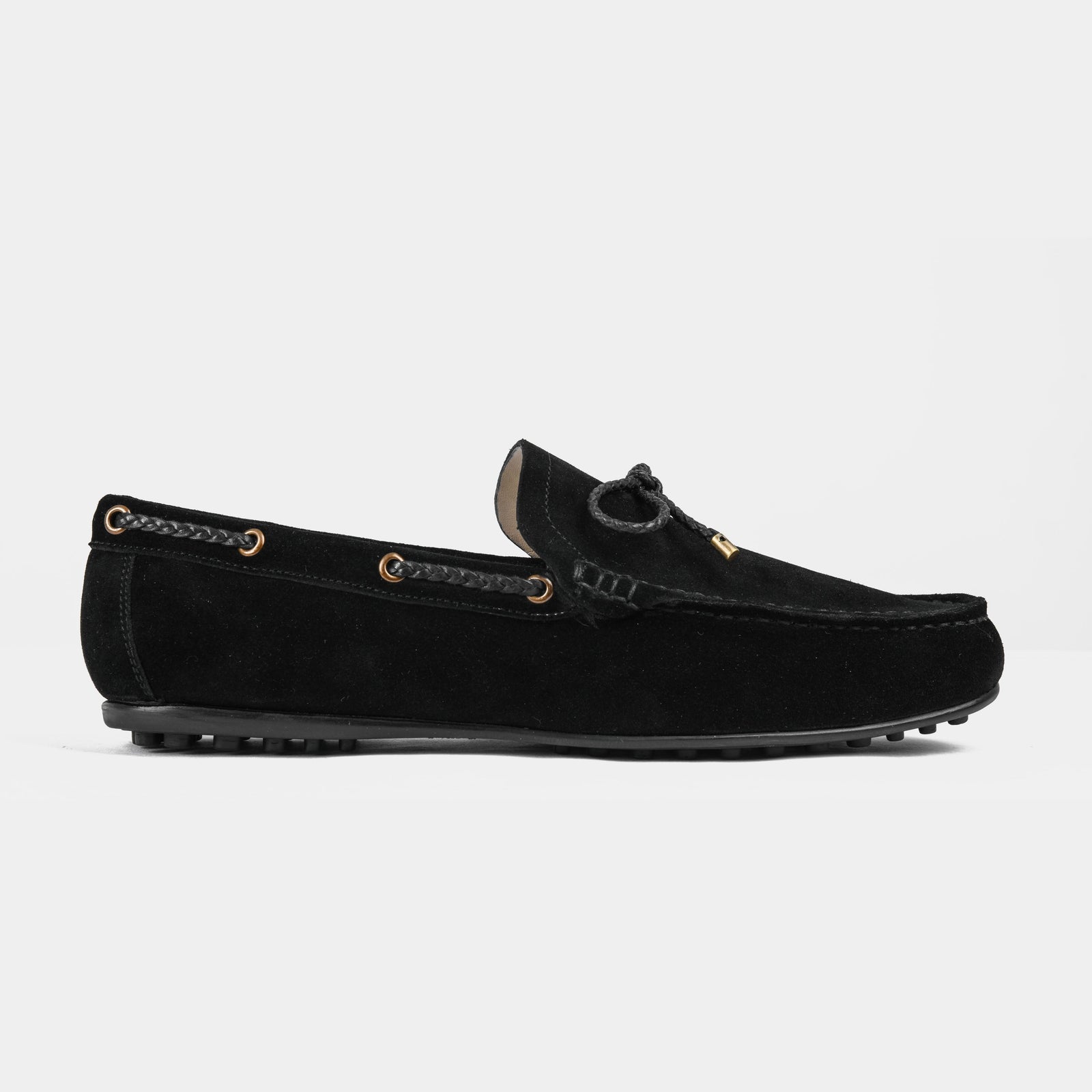 Pair of Julian Black Suede Leather Driving Loafers with a braided knot detail and round toe.