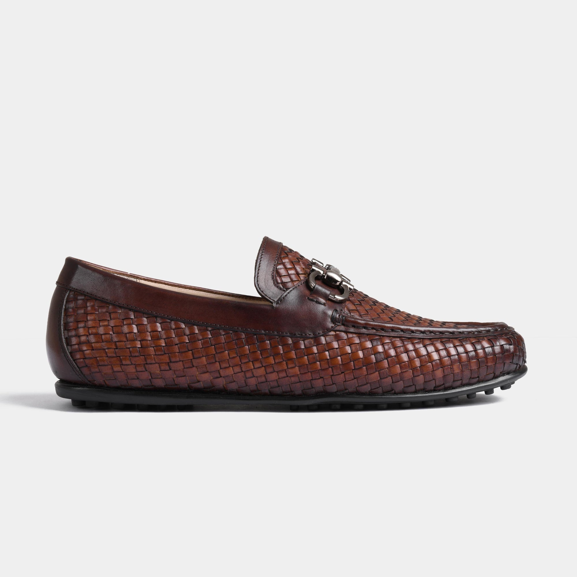 Lucio Weaved Brown Leather Driving Loafers with a woven leather upper and metal bit detail.