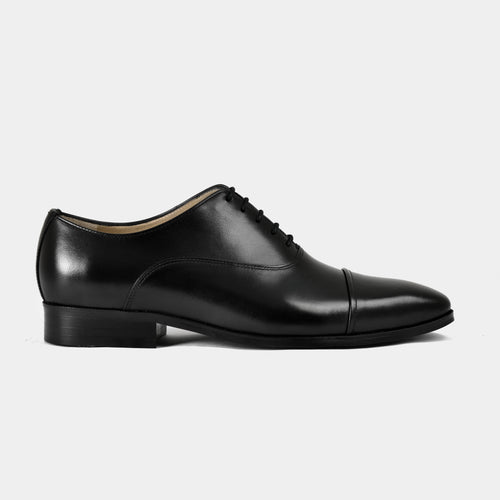 Arcen Black Leather Formal Shoes with Blind-Folded Cap-Toe | Black Oxford Shoes with Hand-Painted Patina