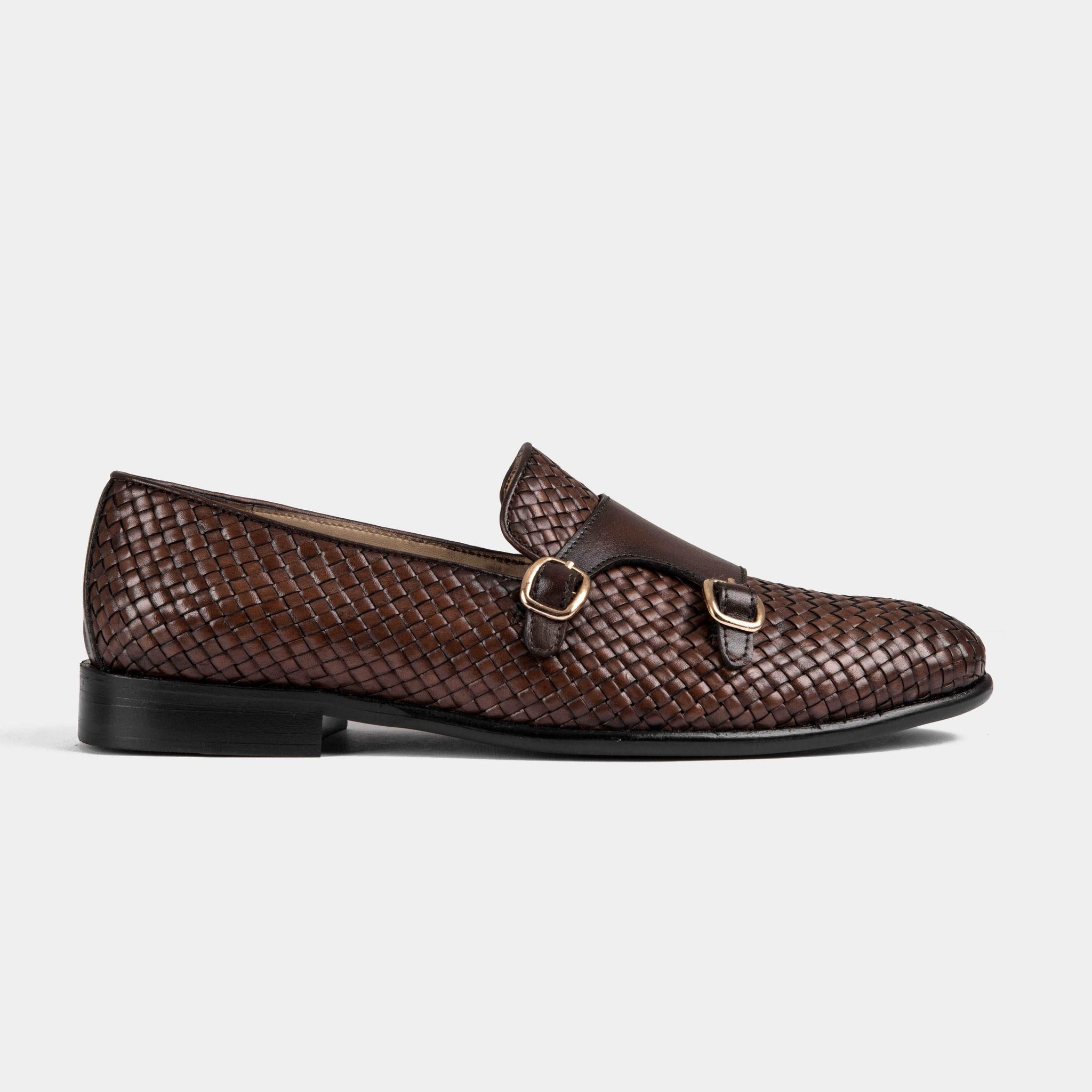 Brown leather Ciro Weaved monk strap shoes with a woven leather upper and double gold buckles.