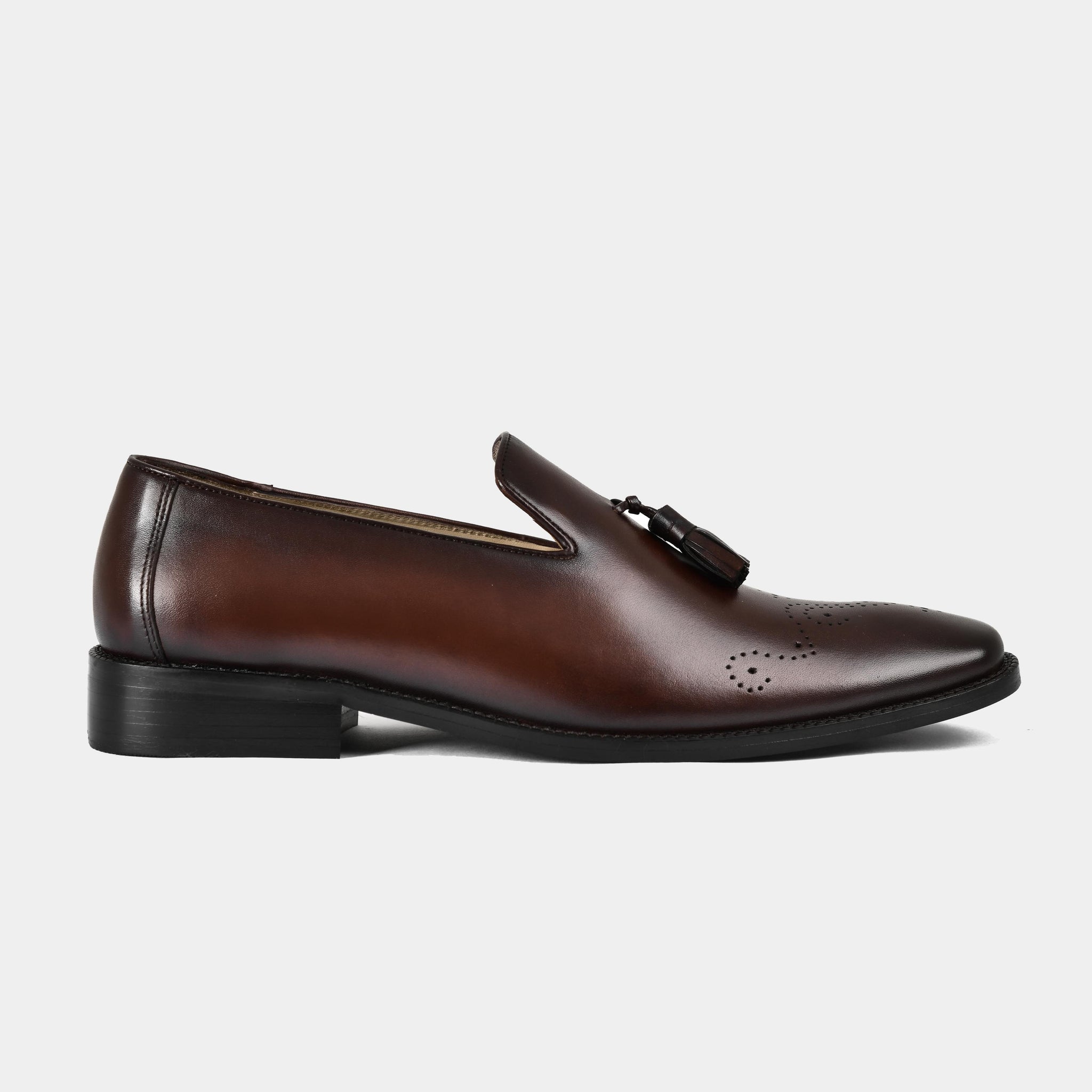 Vincenz Brown Leather Loafers, featuring a stylish tassel detail and perforated leather design.