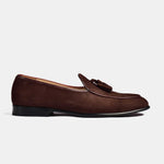 A pair of brown suede Arno Loafers with classic tassels.