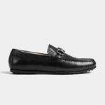 Alonzo Black Leather Driving Loafers with a stylish silver buckle detail.