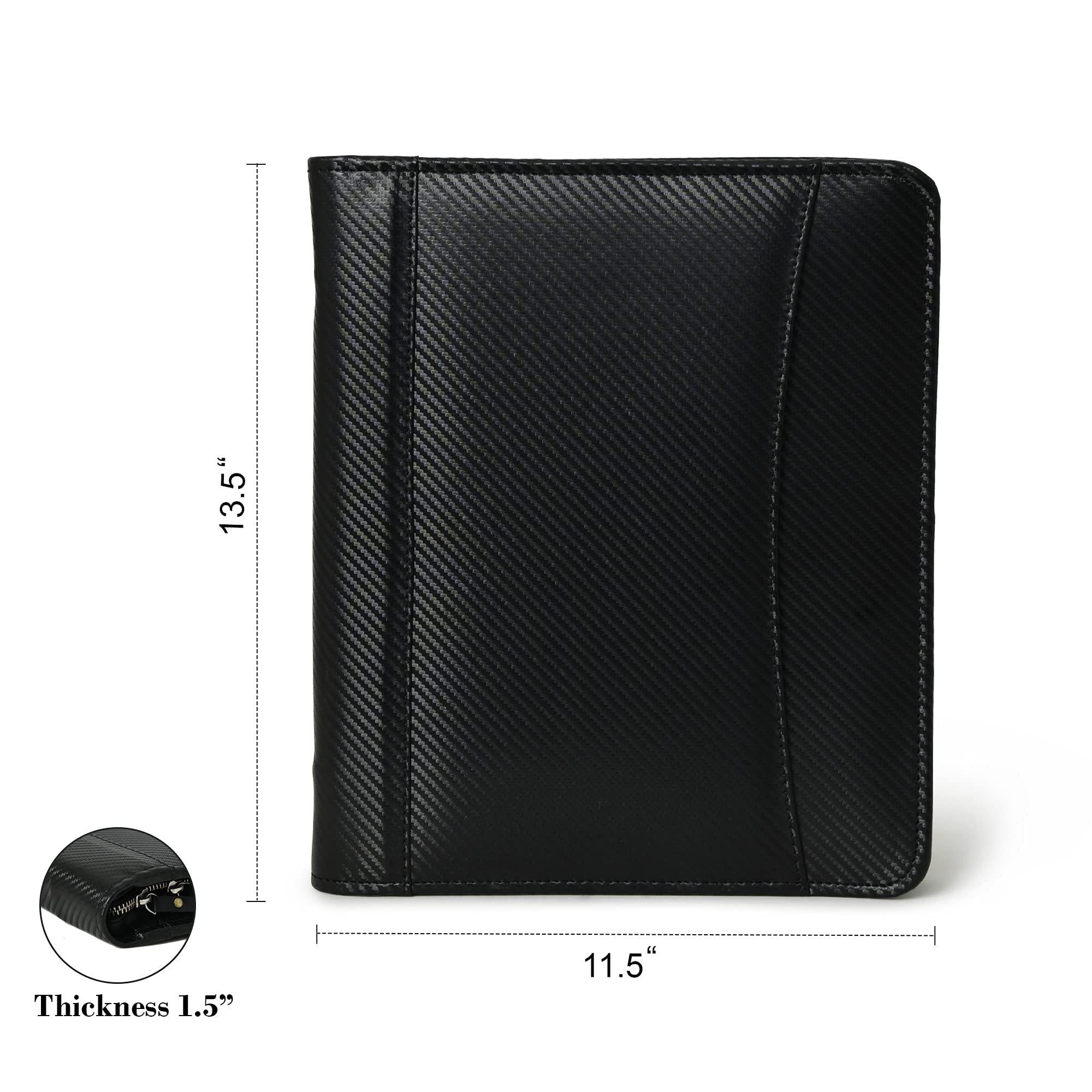 Sleek, professional black leather business portfolio with carbon fiber texture, perfect for organizing documents and taking notes.