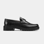 A pair of black croc-embossed leather loafers with a chunky sole, titled "Black Croc Leather Loafers | Solesculpt Lite".