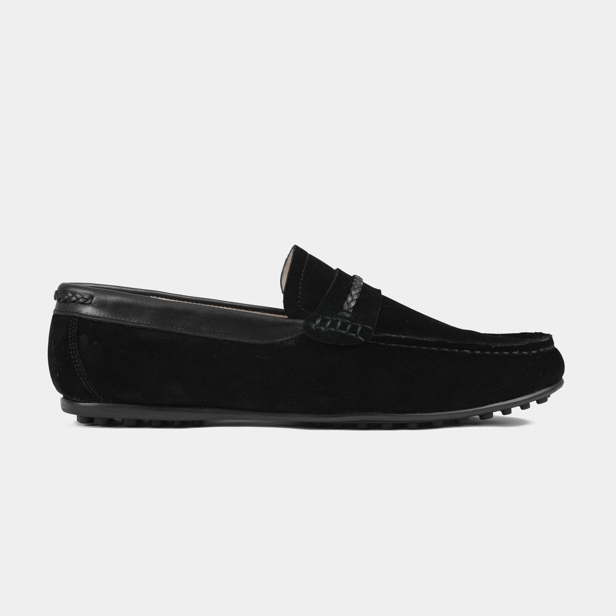 Pair of Nazario Black Suede Leather Driving Loafers with braided strap detail.