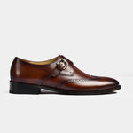 Steward Brown Single Leather Monk Strap shoes with brogue detailing on a white background.