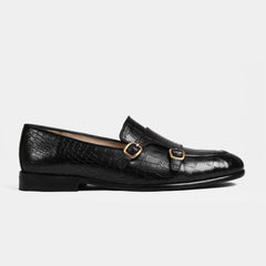 Valeria Croc Black Leather Monk Straps