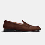 A side view of the Arno Loafer in brown suede. The loafer features a classic penny strap detail.