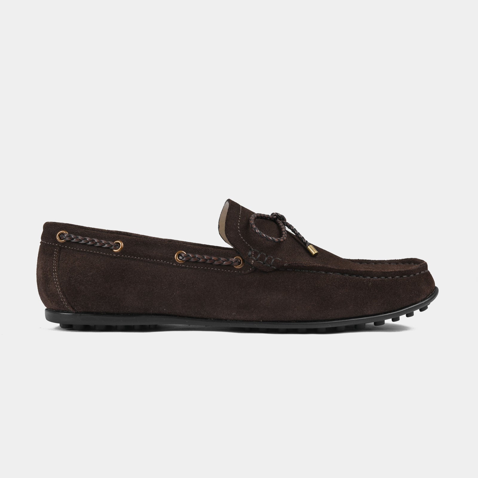 Pair of brown suede leather Julian driving loafers with a braided lace detail.