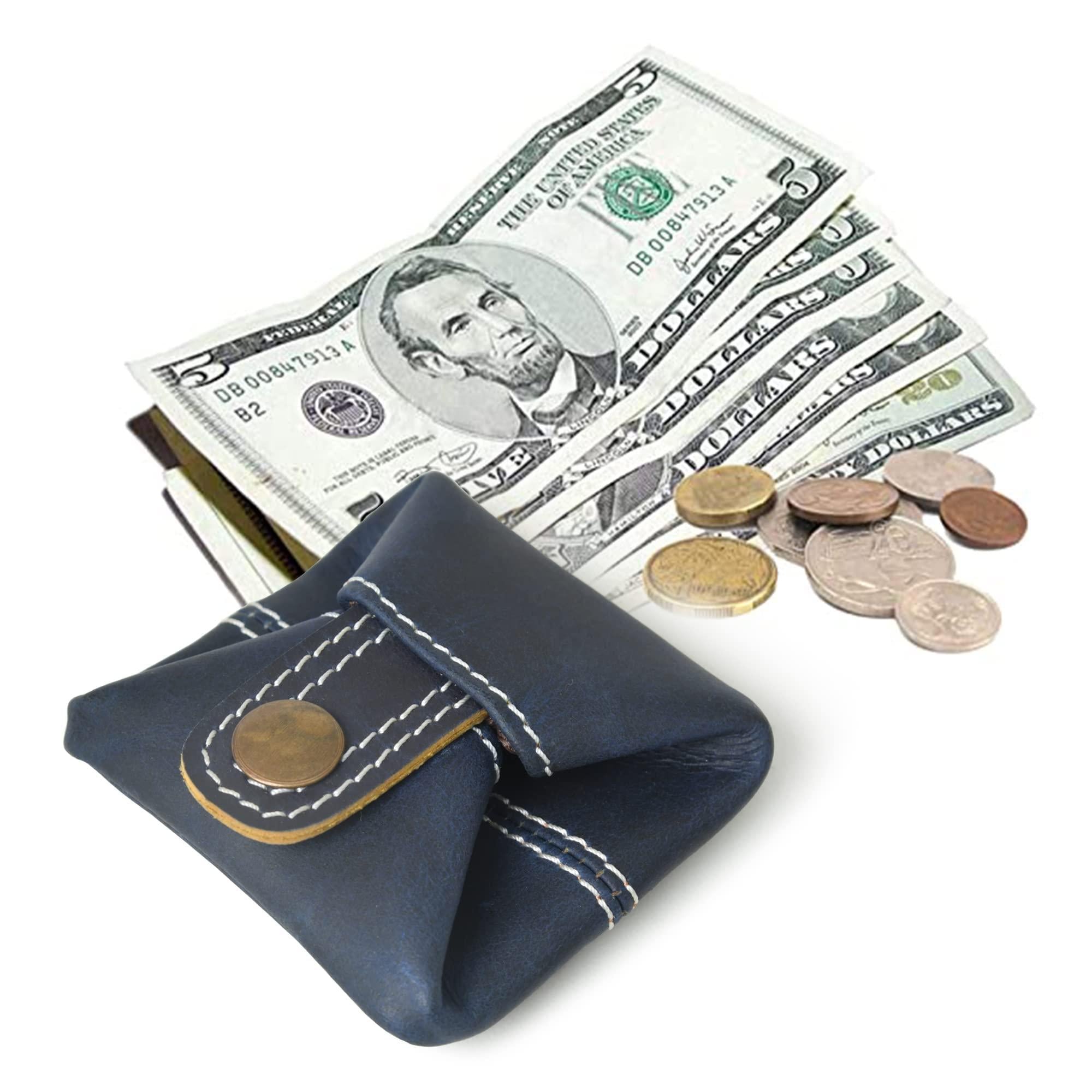 Handcrafted blue leather mini pocket wallet with white stitching, shown with cash and coins.