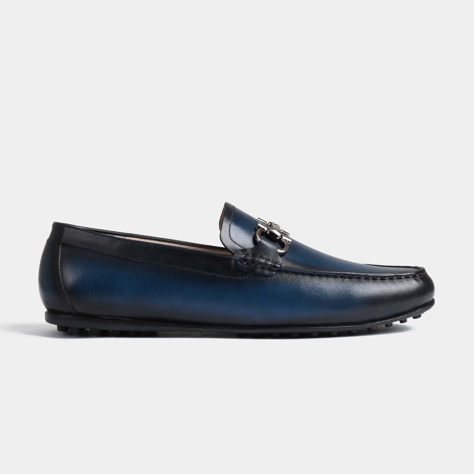 Helio Blue Leather Driving Loafers with a silver metal accent on the vamp.