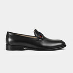 A side view of the Armante Black Leather Loafers, showcasing the sleek design and the red, white, and blue detail on the strap.