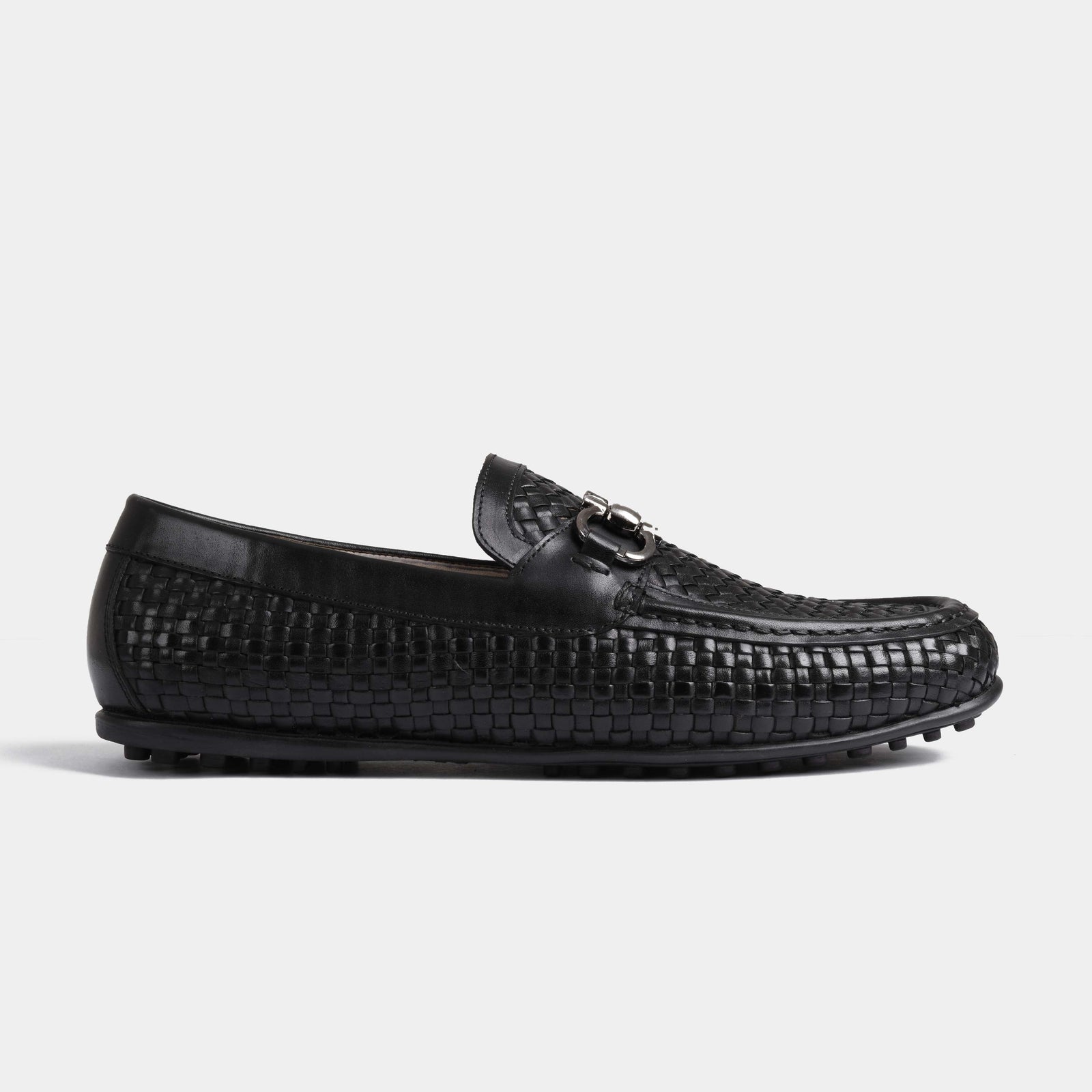 Lucio Weaved Black Leather Driving Loafers showcasing the woven leather upper and silver-tone metal accent.