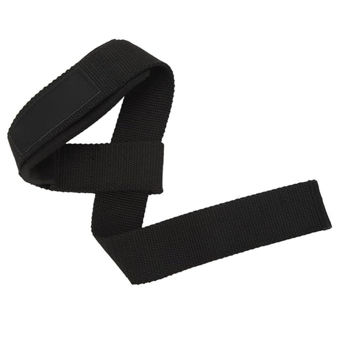 Pair of black weightlifting straps with padded wrist support, designed to improve grip strength.