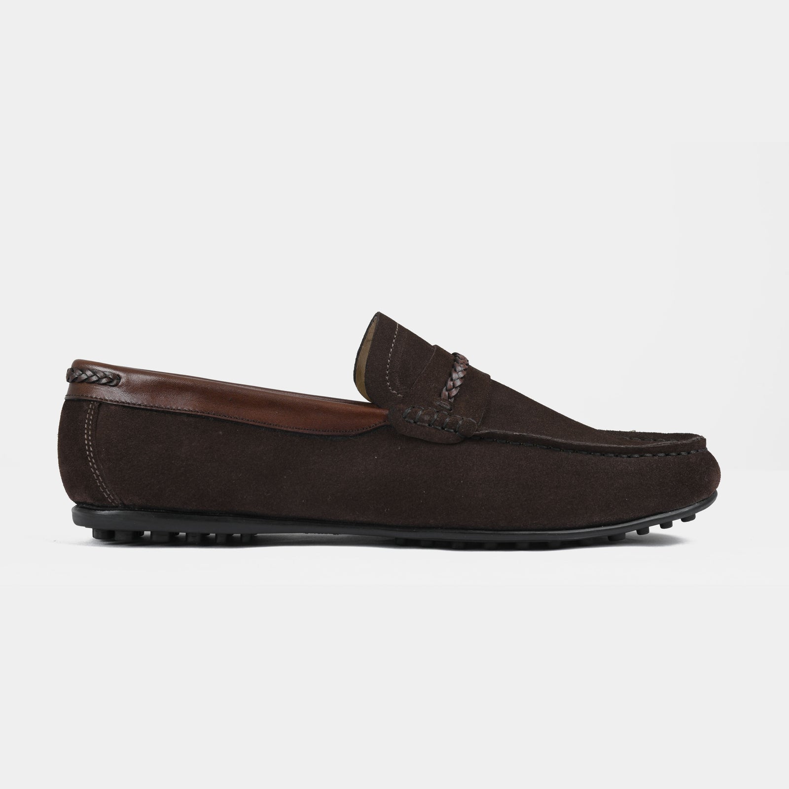 A pair of Nazario Brown Suede Leather Driving Loafers with a braided strap detail, shown from a side view.