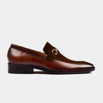 Pair of Mark Brown Leather Loafers with a gold buckle detail.