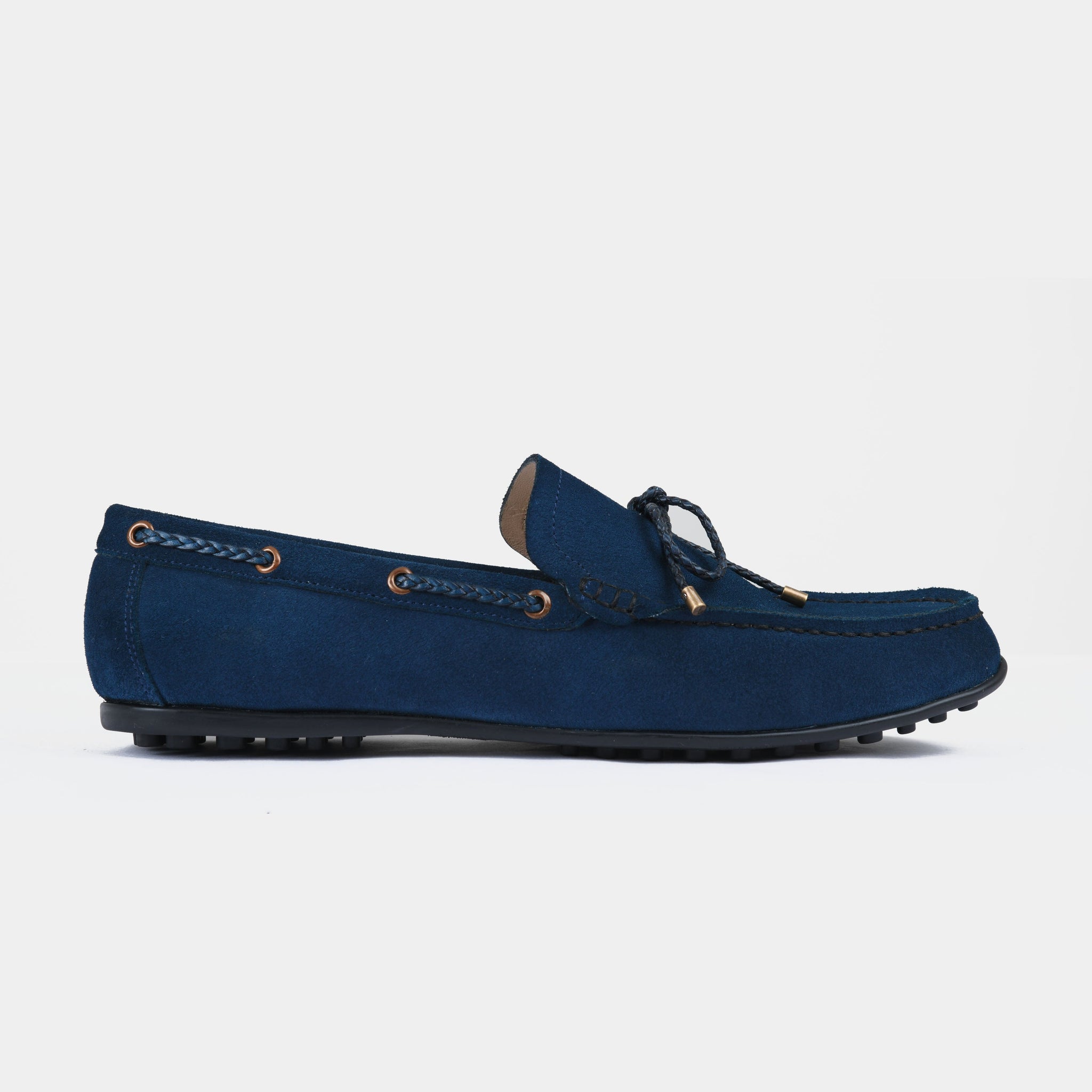 Pair of Julian Blue Suede Leather Driving Loafers in navy blue suede with a braided lace detail.